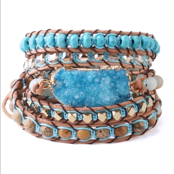 Jewelry - SOLD!! NEW, Druzy and Stones Leather Wrap Bracelet